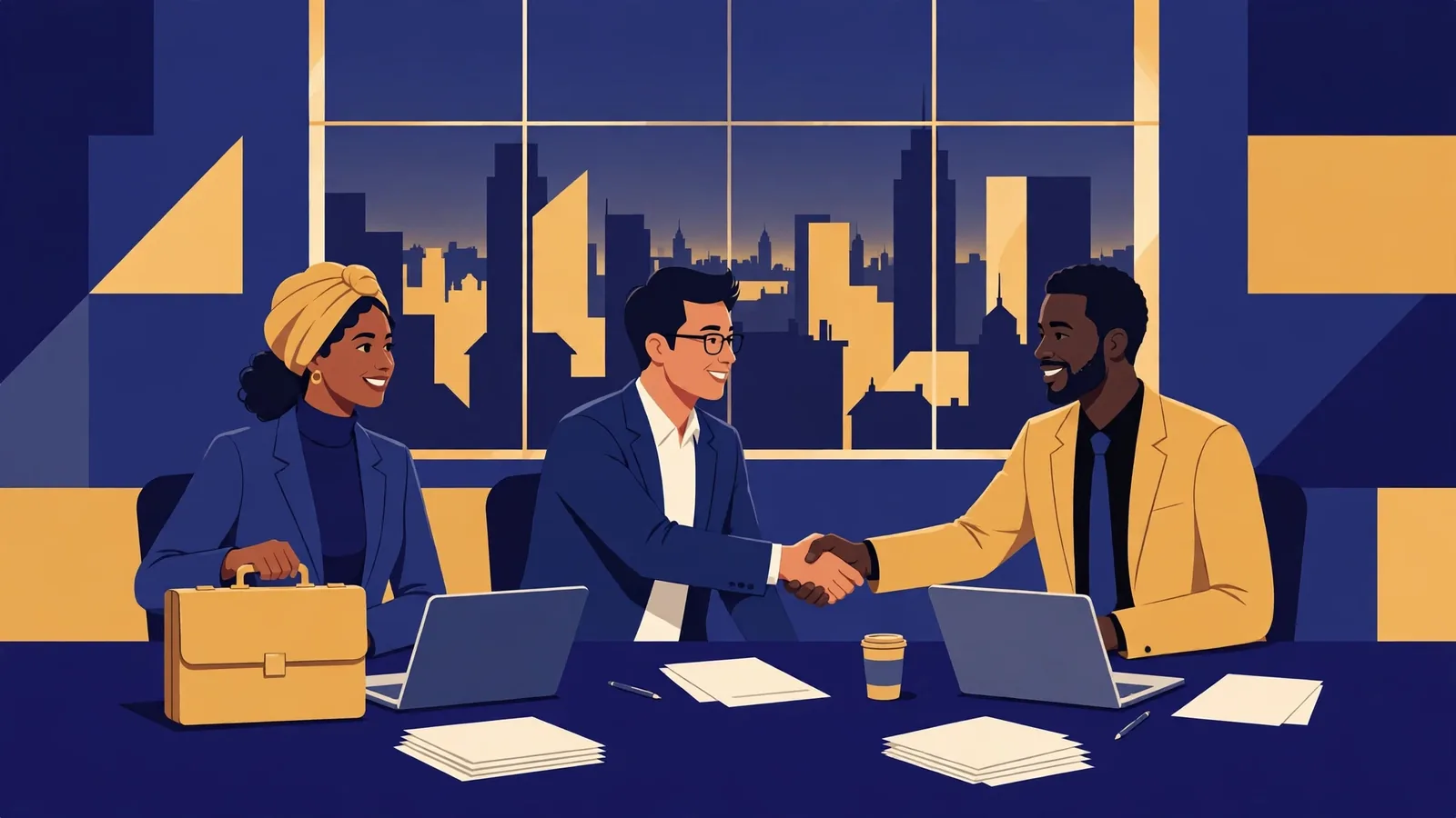 Illustration of business travellers shaking hands across a meeting table with laptops, a city skyline behind them