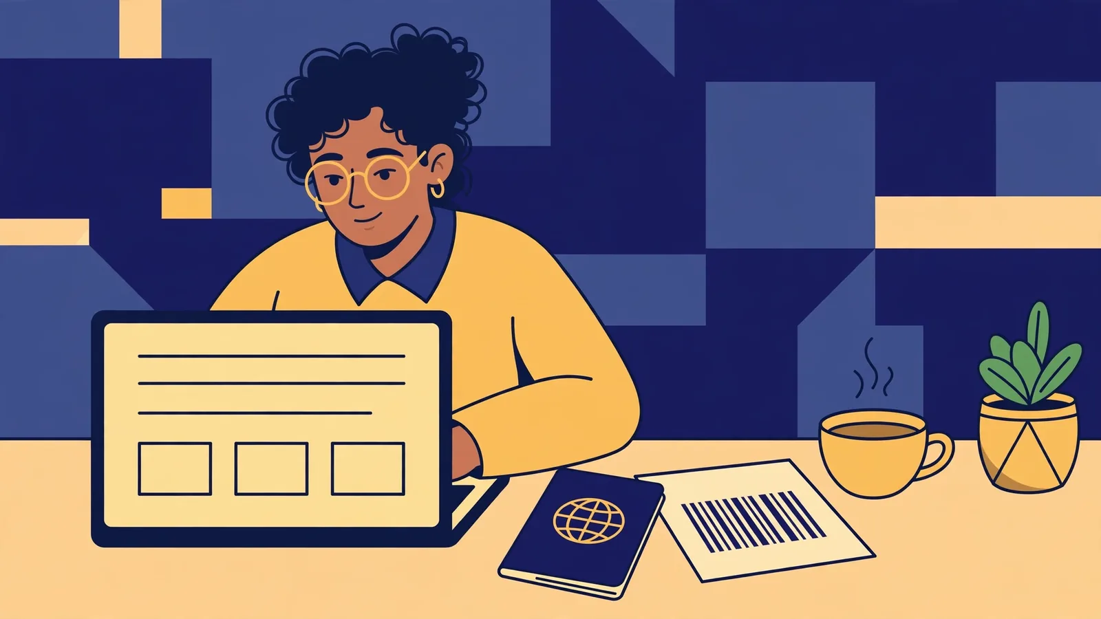 Illustration of an applicant completing the DS-160 form on a laptop, with a passport and barcode confirmation page beside her