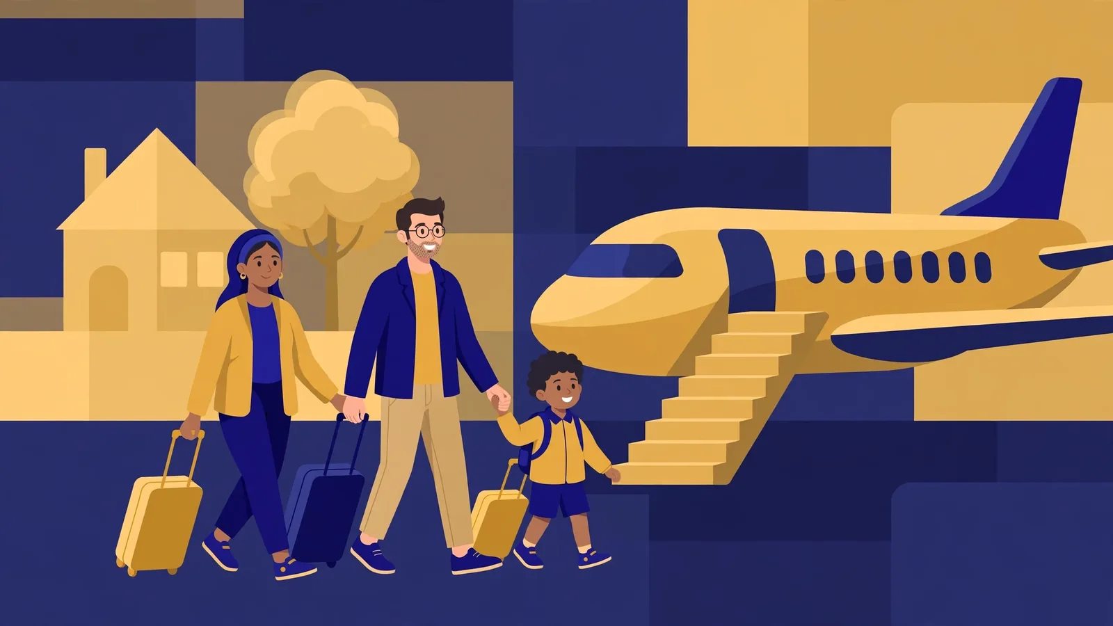 Illustration of a family with suitcases walking from their home toward a waiting aeroplane