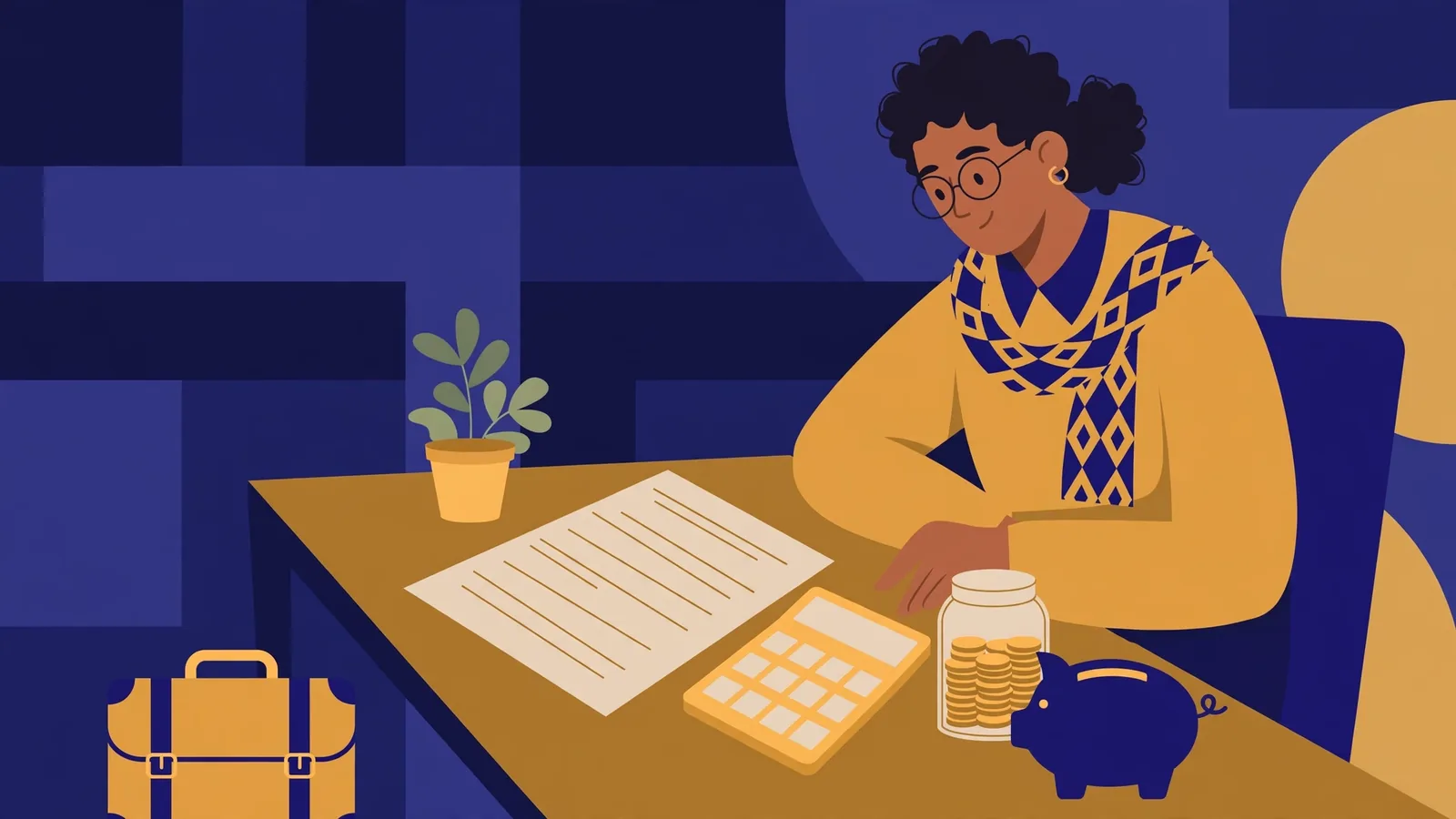 Illustration of an applicant at a desk with a calculator, savings jar and piggy bank, working through the cost of a trip