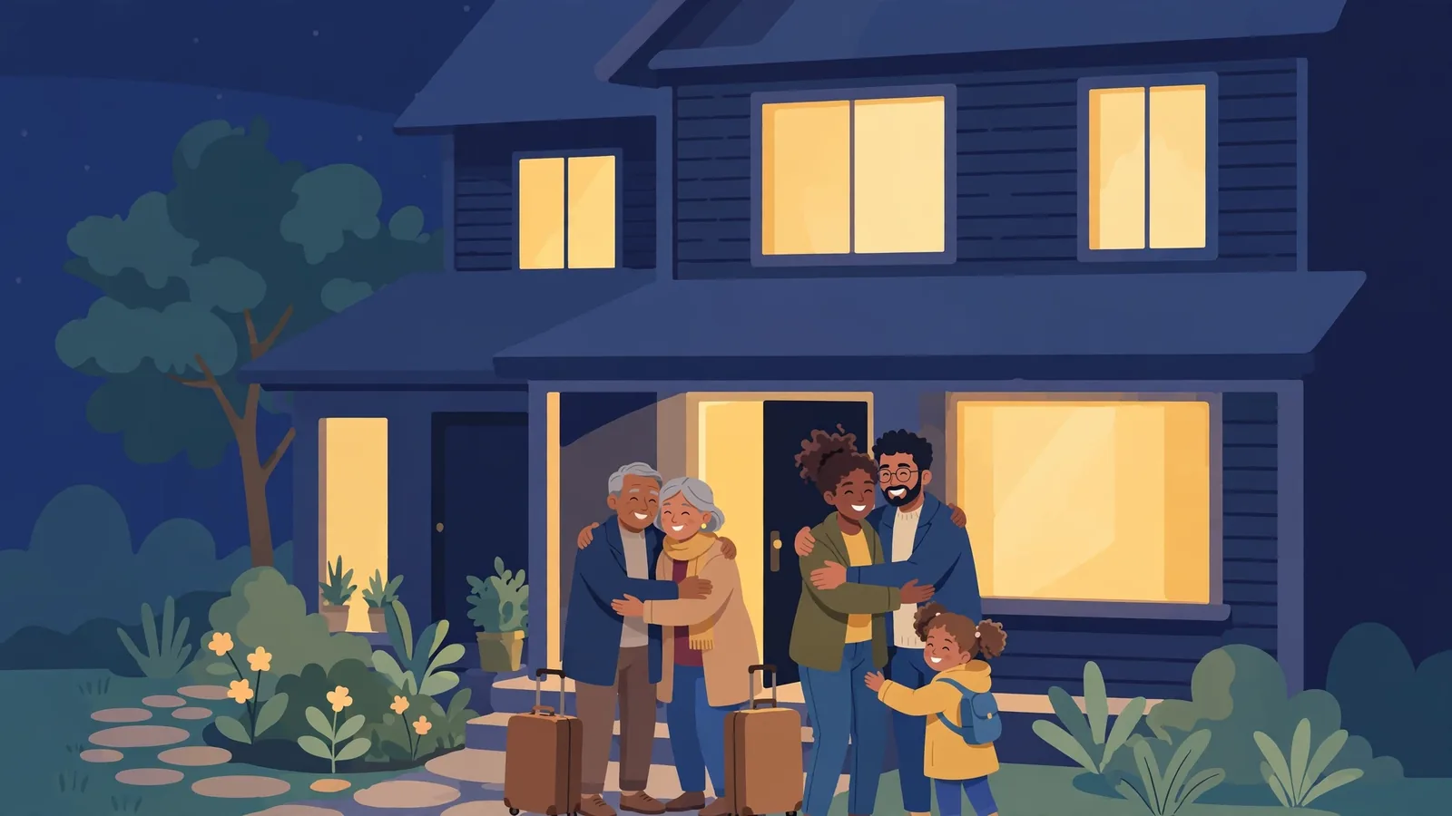 Illustration of visiting parents with suitcases being welcomed by family outside a US home at night