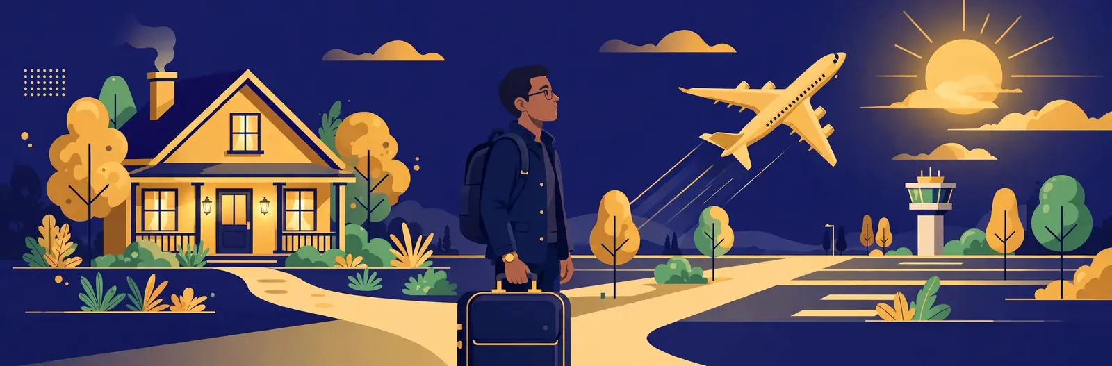 Illustration of a traveller with a suitcase at a crossroads, a family home on one side and an aeroplane taking off on the other