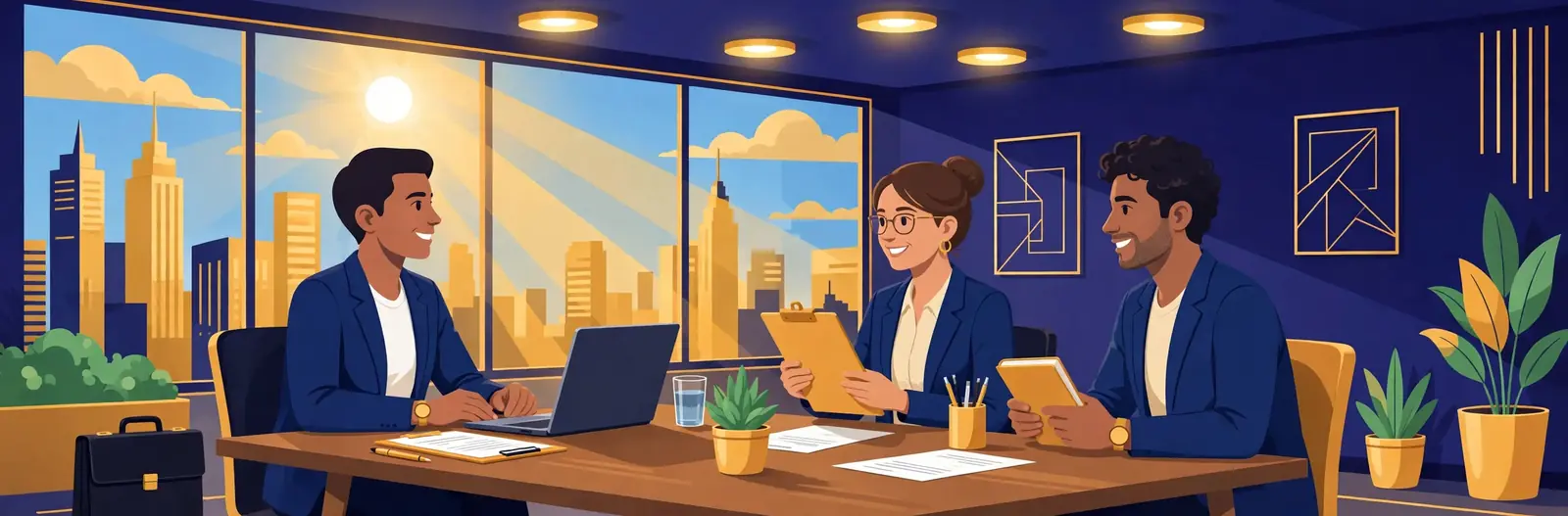 Illustration of a candidate seated at a table in a job interview with two interviewers in a bright office with city windows