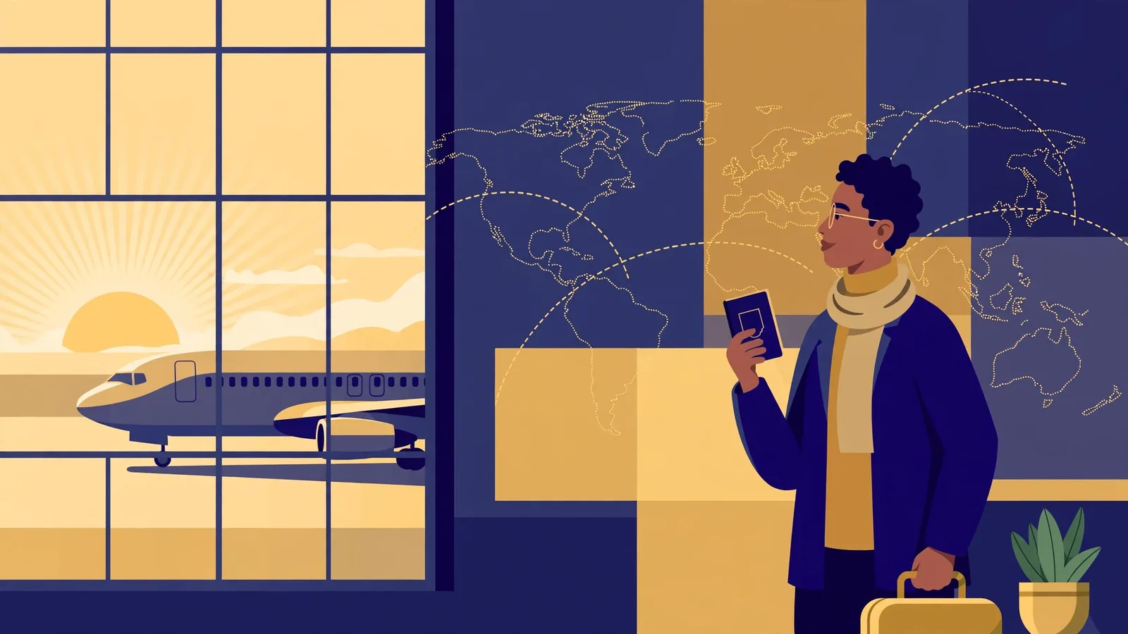 Illustration of a traveller holding a passport beside an airport window, with an aeroplane at sunrise and world flight routes