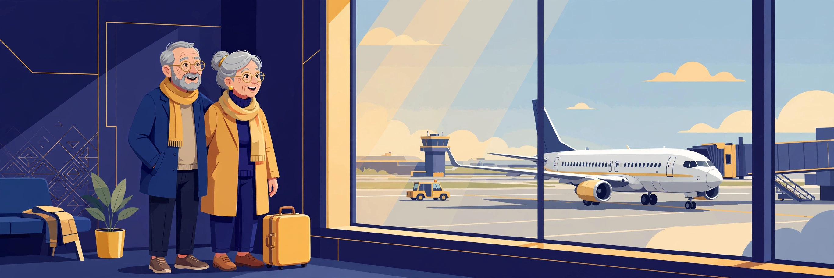 Illustration of parents with a suitcase at an airport, looking out at an aeroplane before visiting their children in the United States