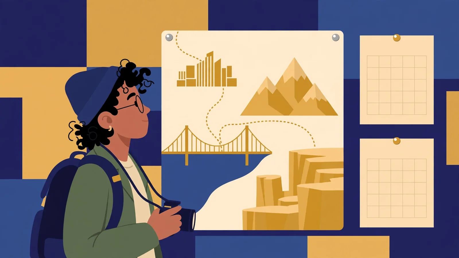 Illustration of a traveller with a camera studying a route map linking a city, a bridge, mountains and a canyon