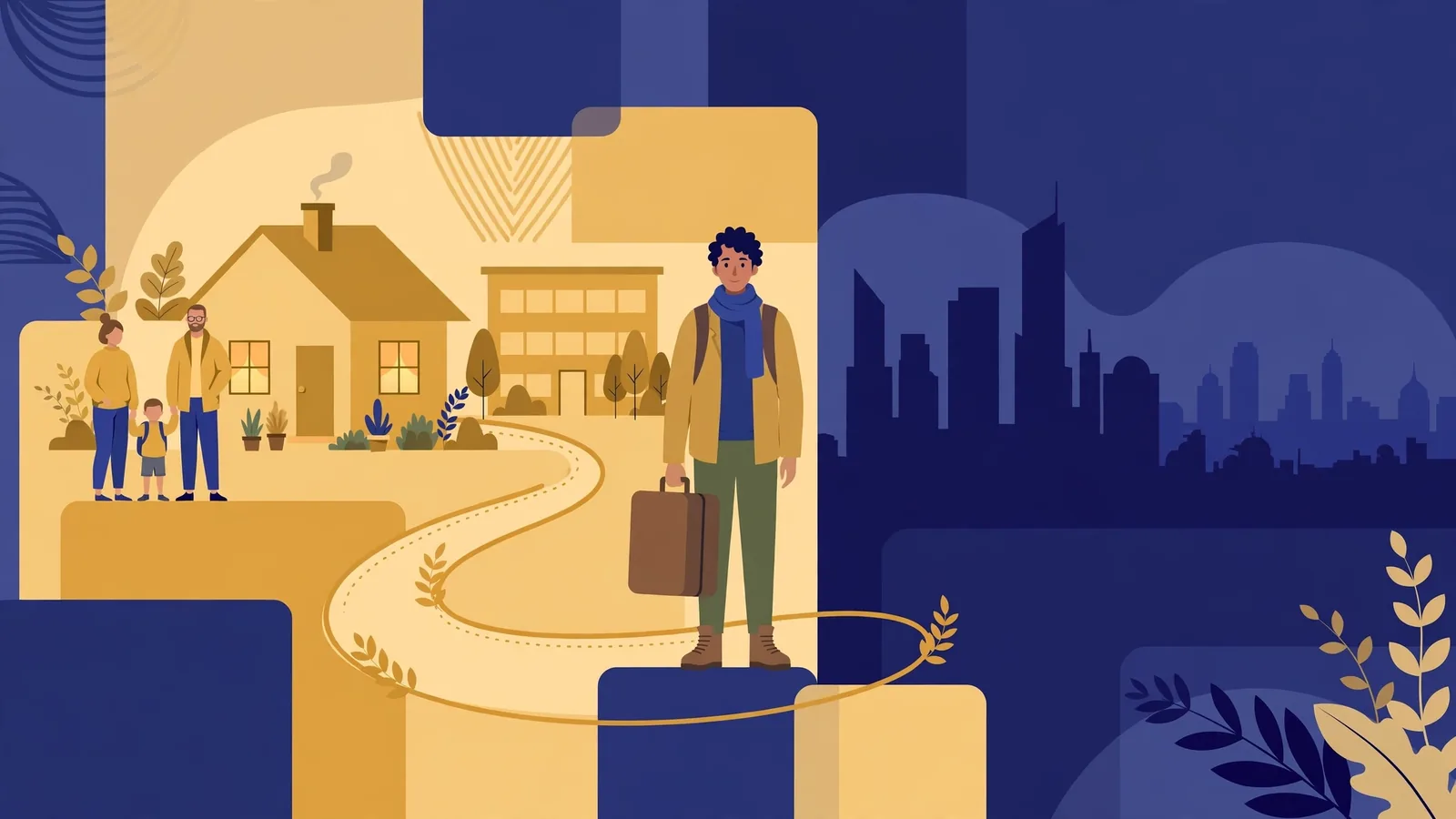 Illustration of a traveller with a briefcase on a winding path between a US city skyline and home, family and workplace