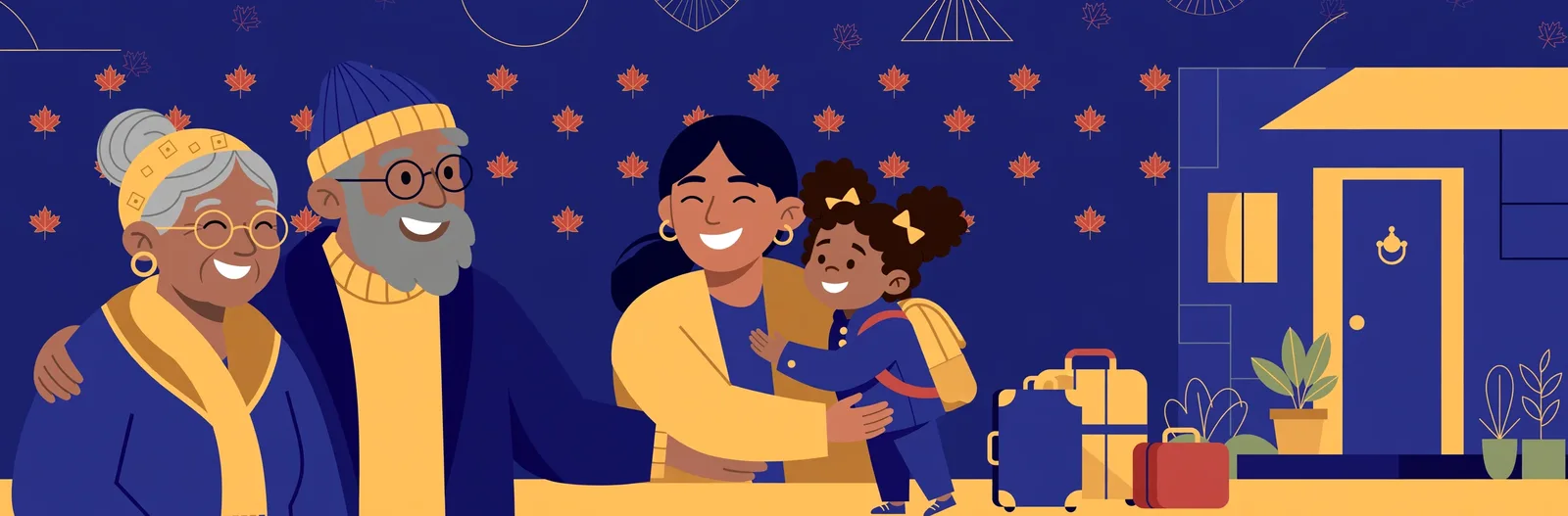Illustration of grandparents reuniting with their daughter and grandchild outside a home