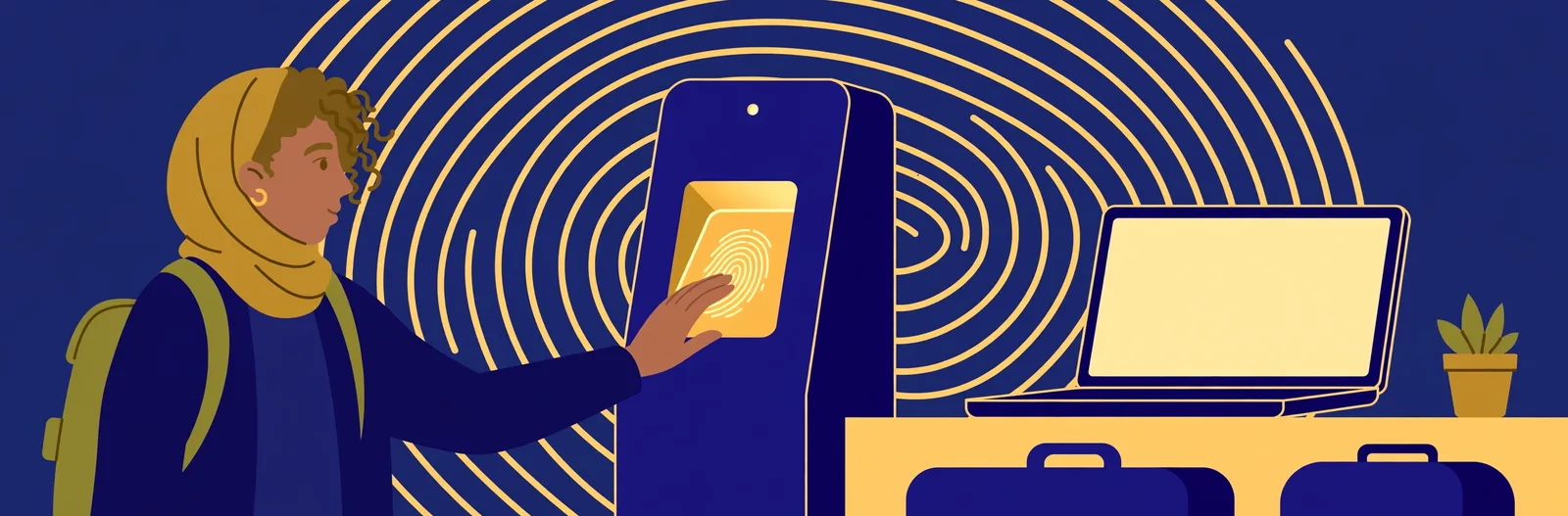 Illustration of a traveller giving fingerprints at a biometrics kiosk