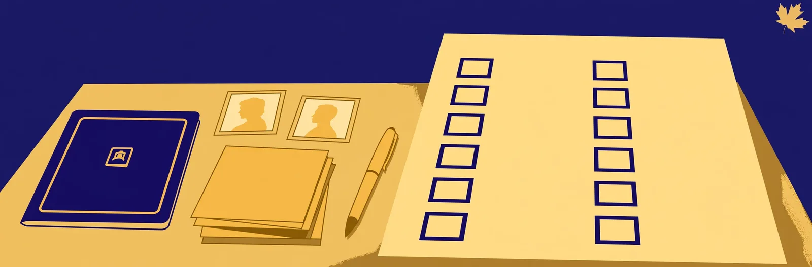 Illustration of a passport, portrait photographs and a blank checklist on a desk