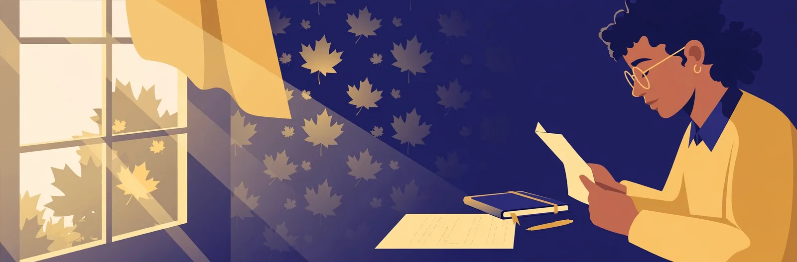 Illustration of an applicant reading a decision letter beside a notebook and a fresh form
