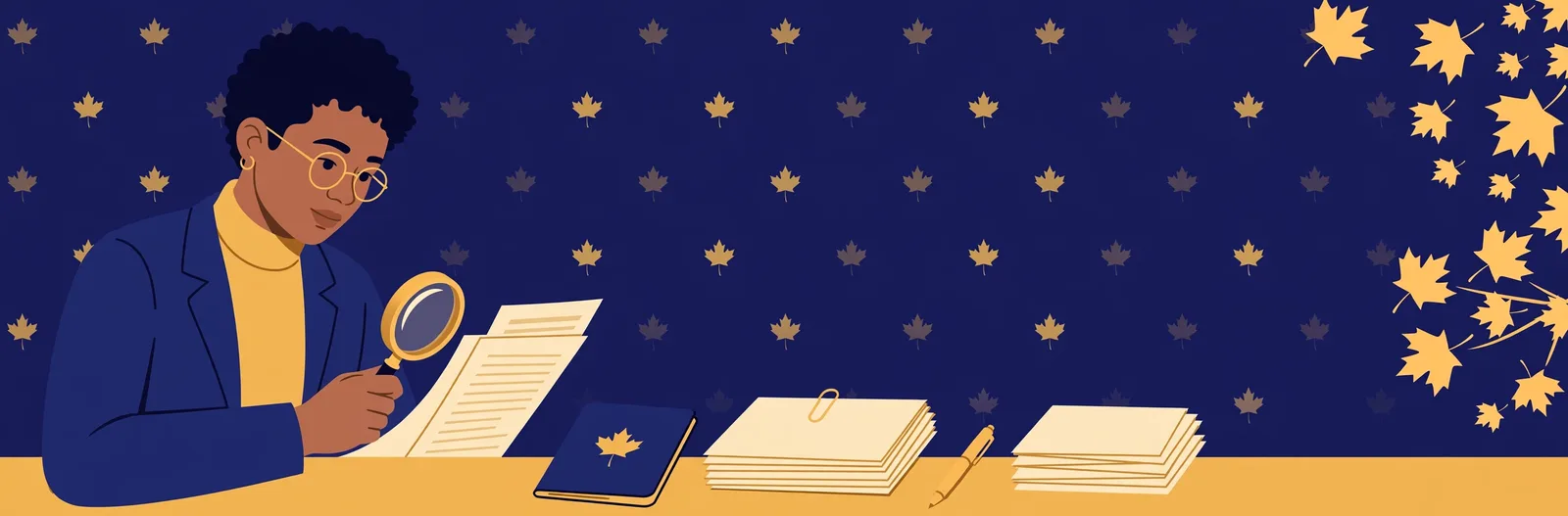 Illustration of an applicant reviewing application documents with a magnifying glass