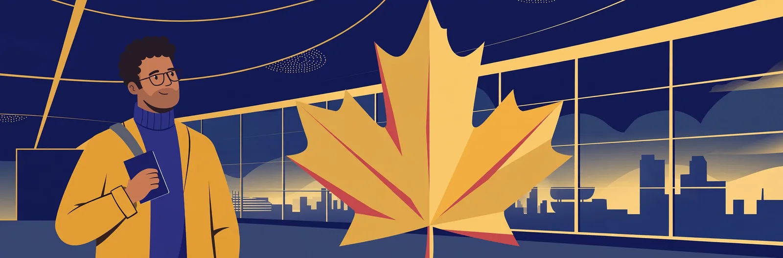 Illustration of a traveller holding a passport beside a large maple leaf