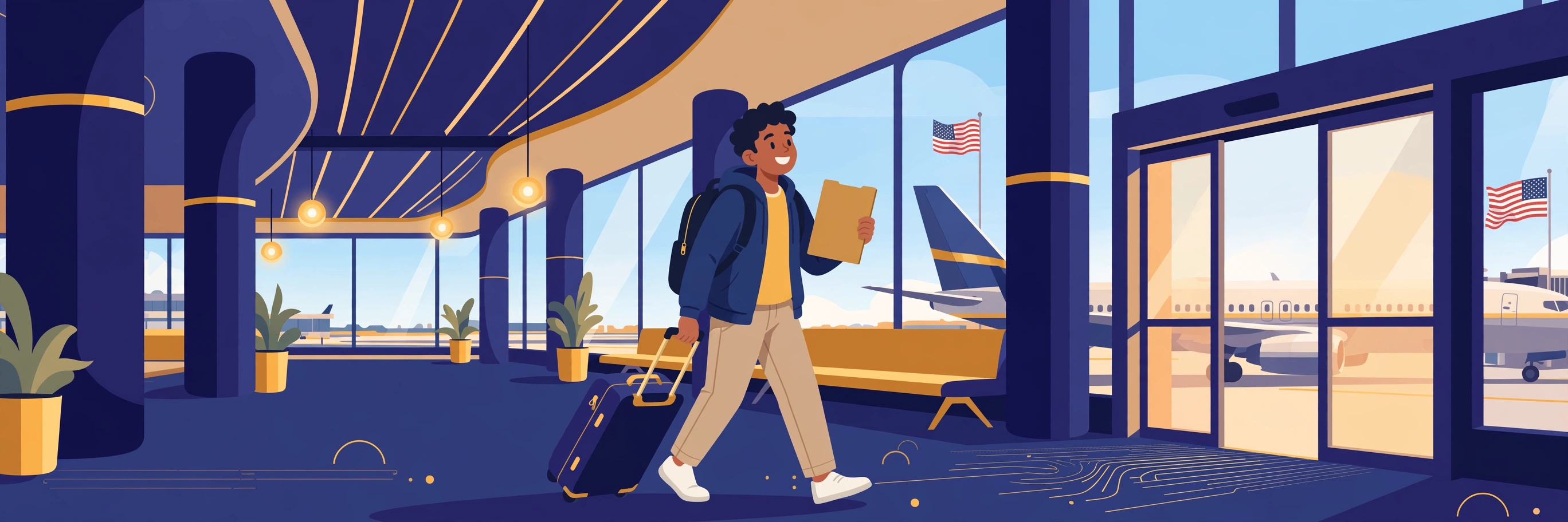 Illustration of a student walking through an airport arrivals hall with luggage