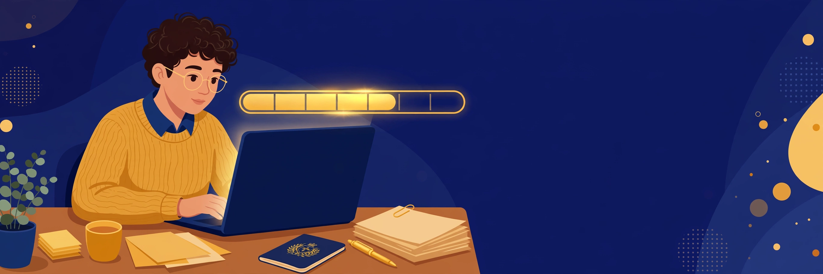 Illustration of a student completing an online visa application form on a laptop