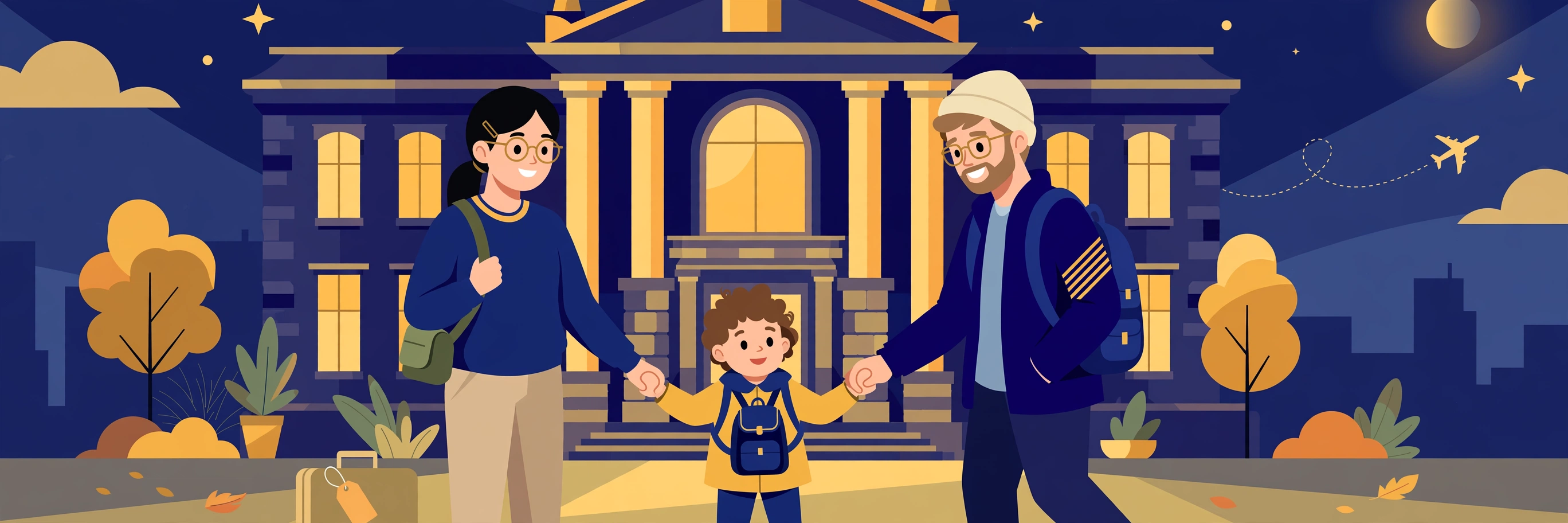 Illustration of a student family with a child in front of a university building