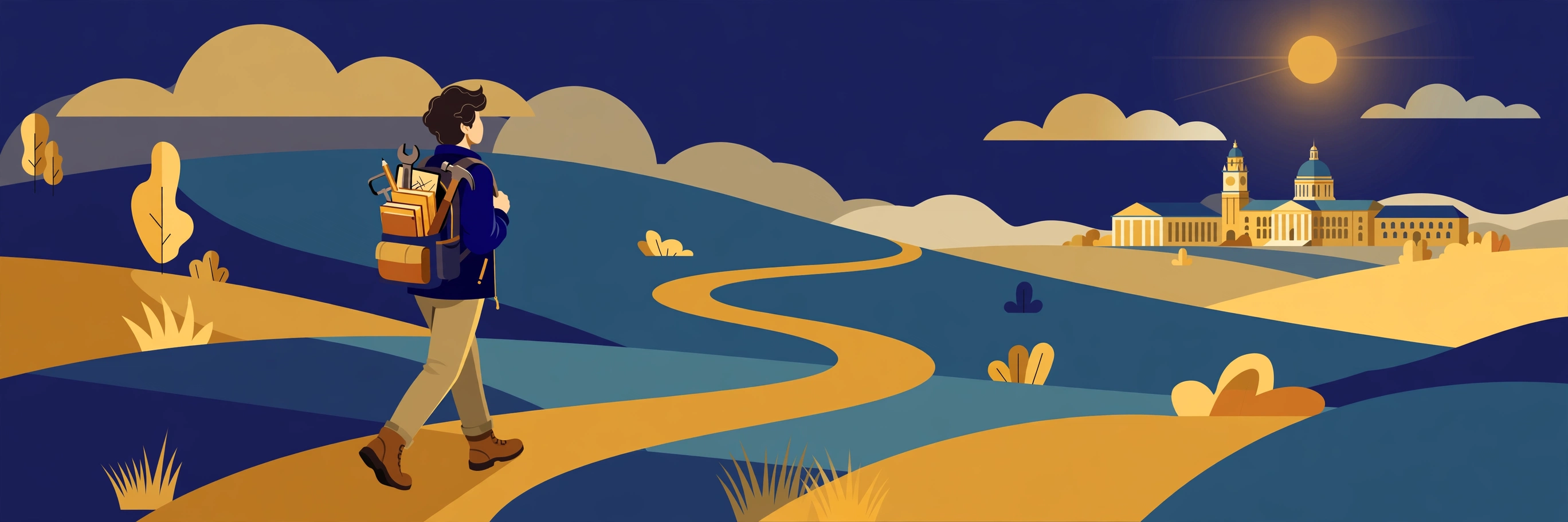 Illustration of a traveller on a winding path toward a university on the horizon