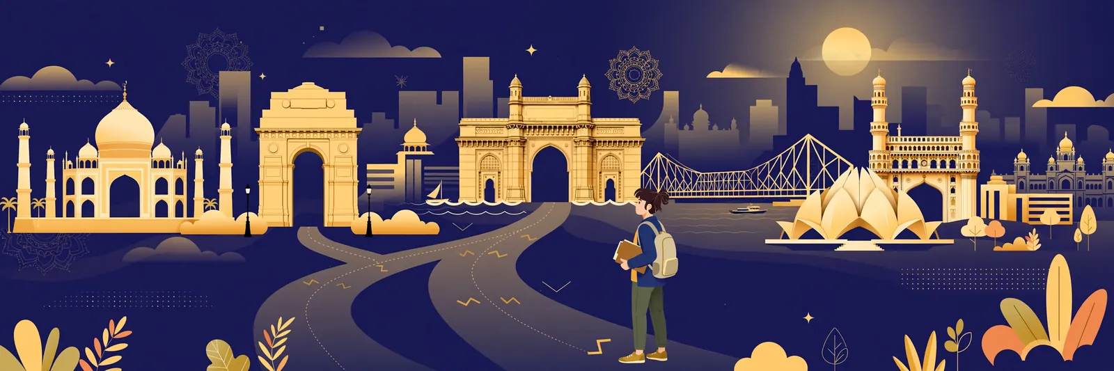 Illustration of Indian city landmarks with a student holding a document folder
