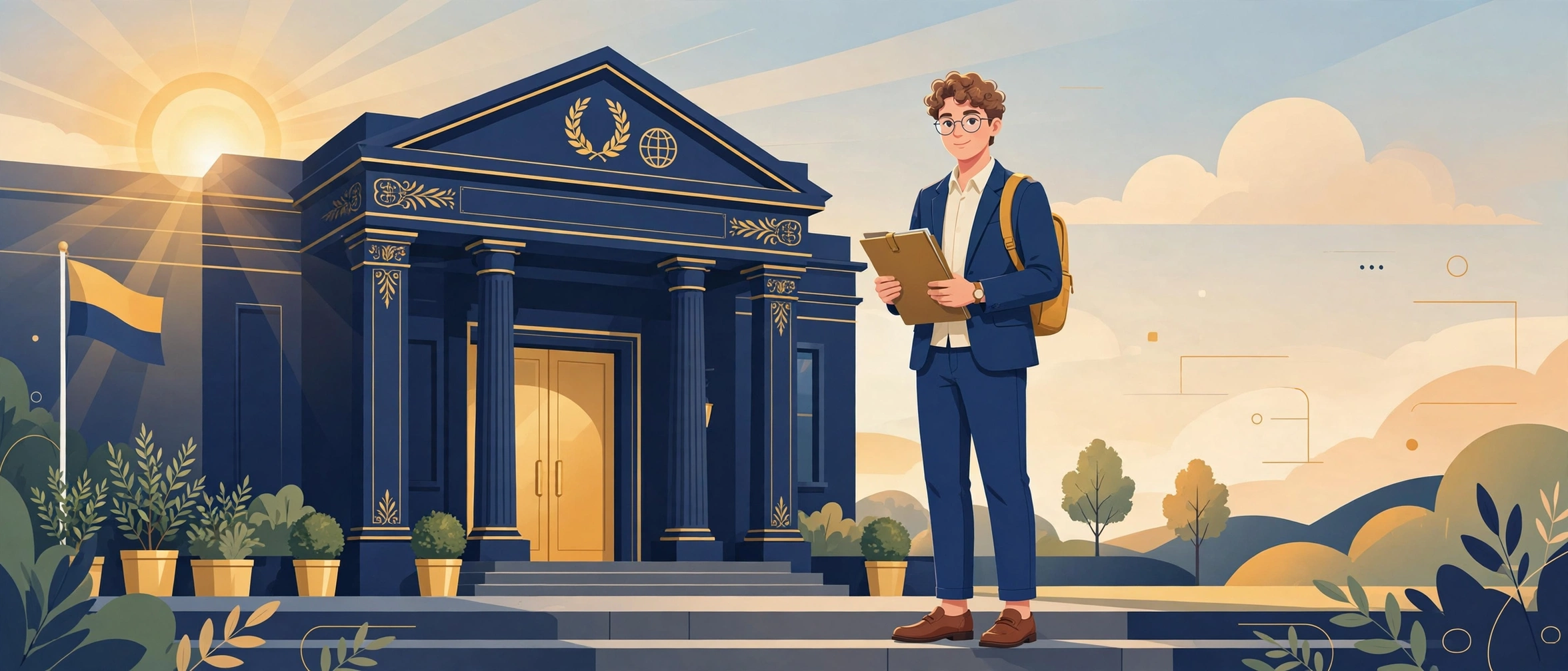 Illustration of a prepared student with a document folder at an embassy entrance