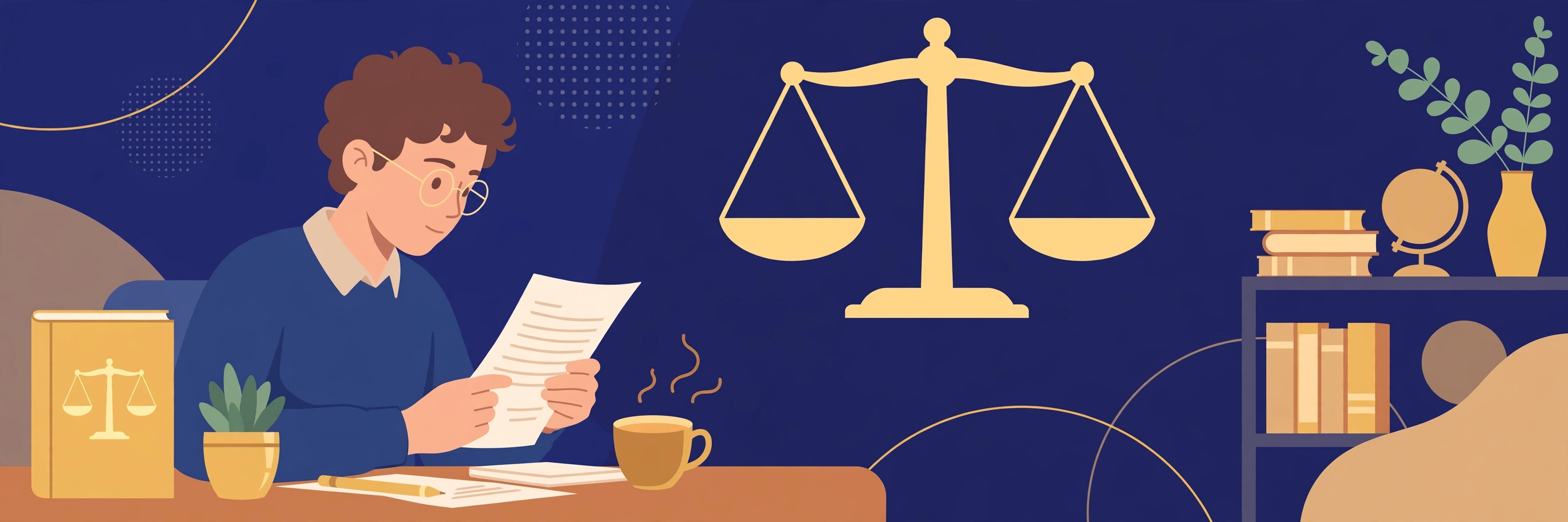 Illustration of a student reading an official decision letter at a desk with a law book and a balanced scale