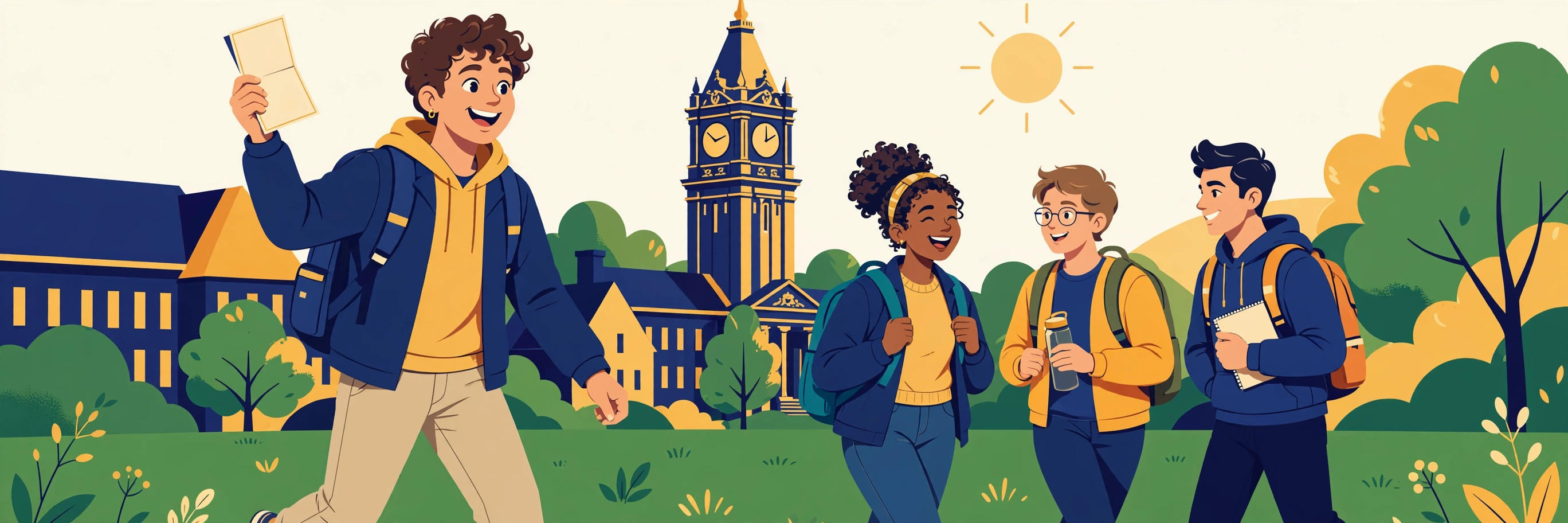 Illustration of a young undergraduate student with a backpack on a US university campus