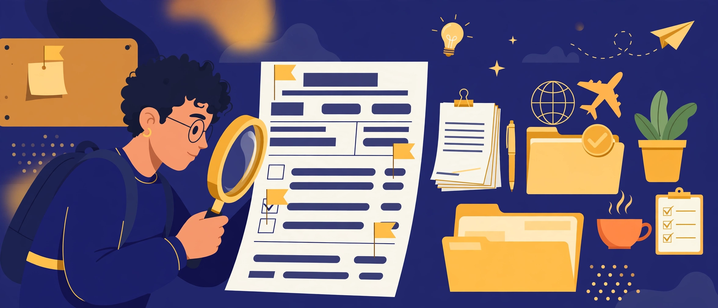 Illustration of a student reviewing a visa application with a magnifying glass, spotting small errors marked with gold flags