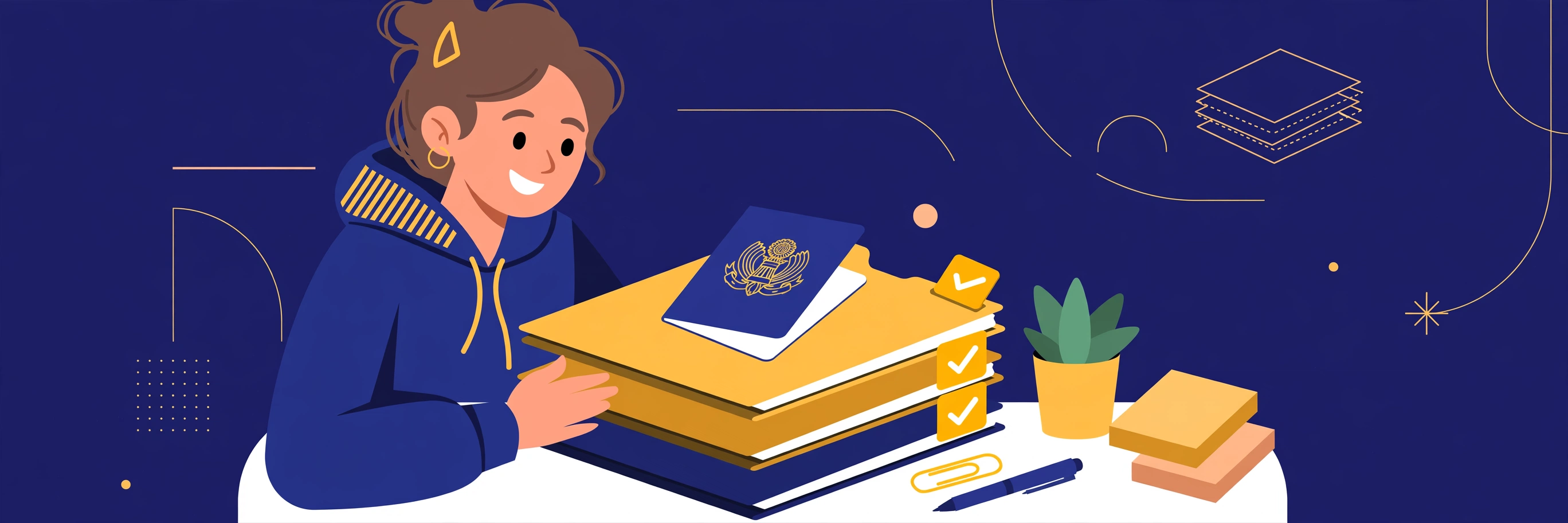 Illustration of a student organising visa document folders with gold checkmarks