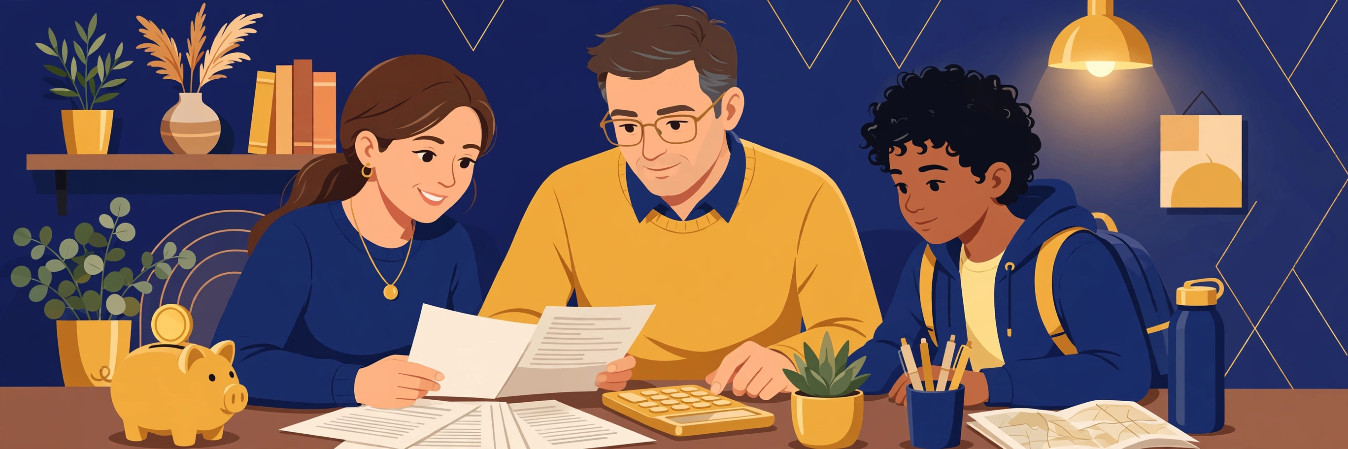 Illustration of a student and parents reviewing education loan documents together