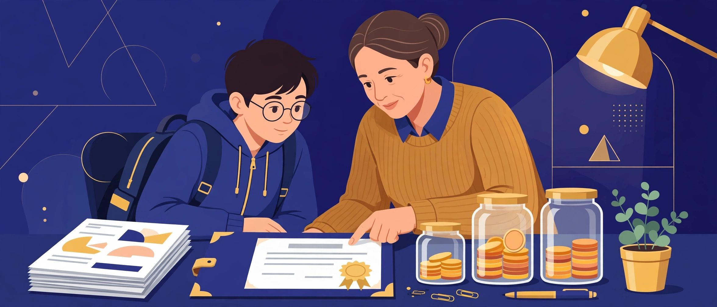 Illustration of financial documents and savings arranged on a desk for a visa application