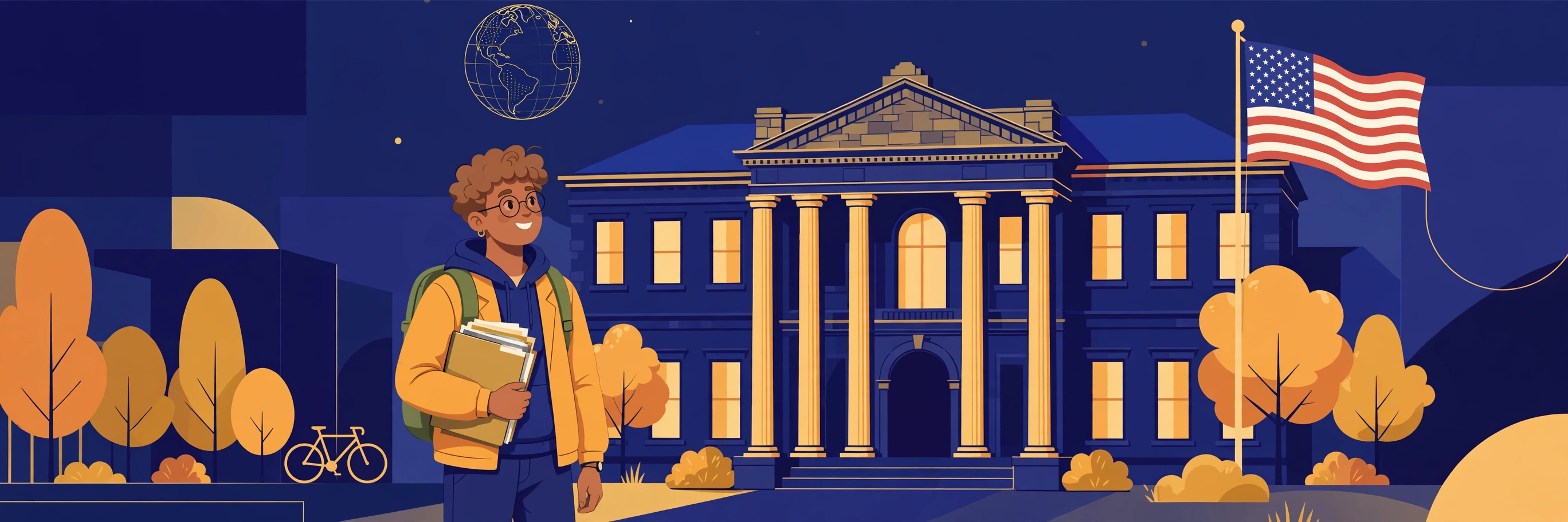 Illustration of an international student holding documents in front of a US university campus building with a United States flag