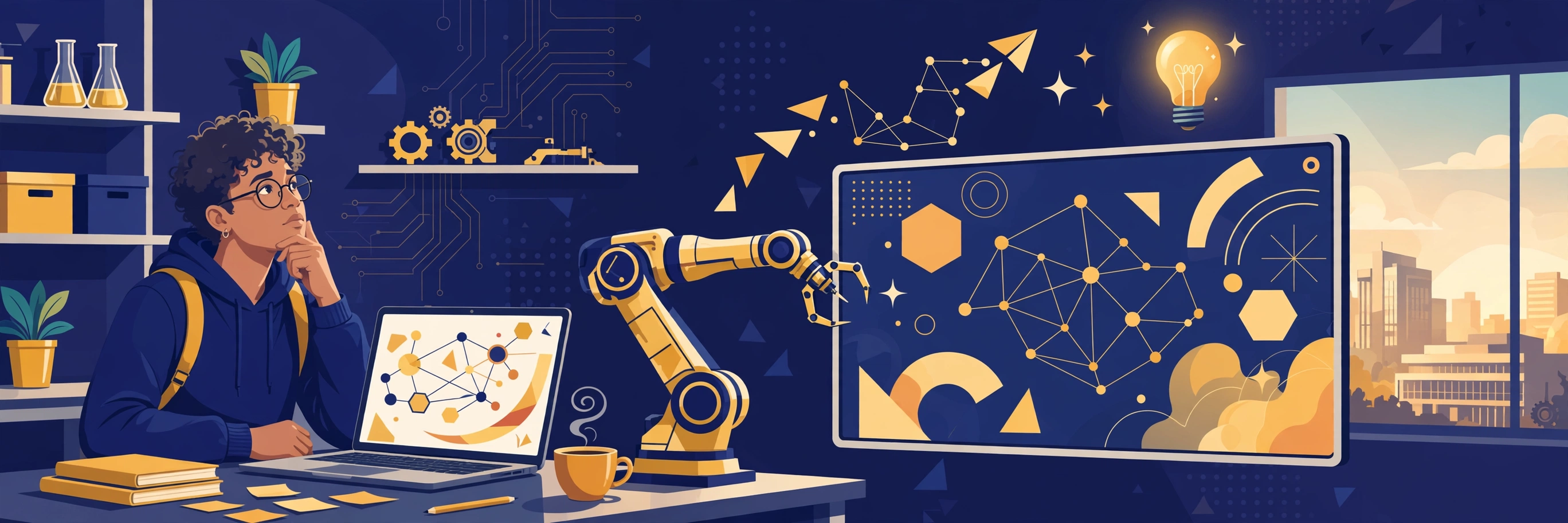 Illustration of a graduate student in a university technology lab