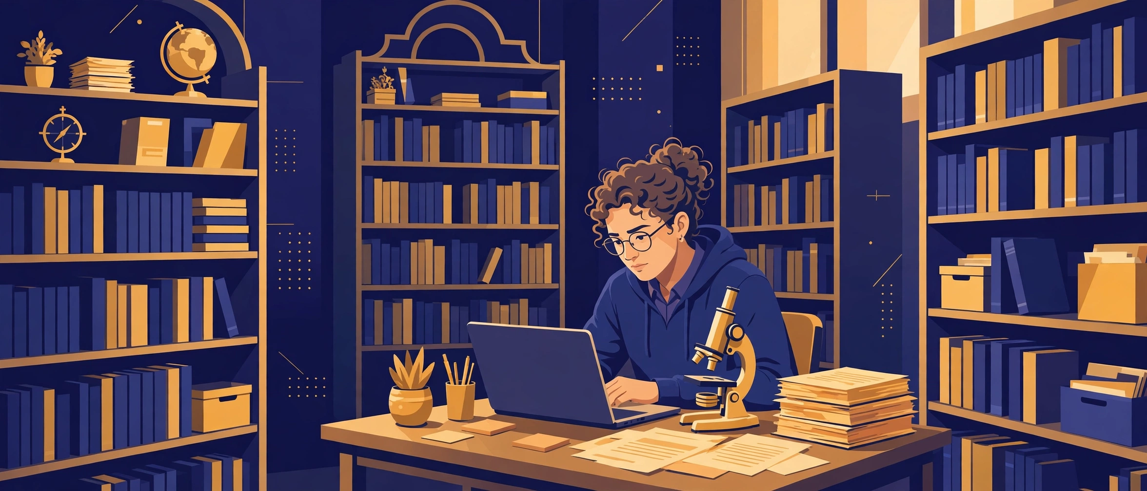 Illustration of a doctoral researcher working in a university library
