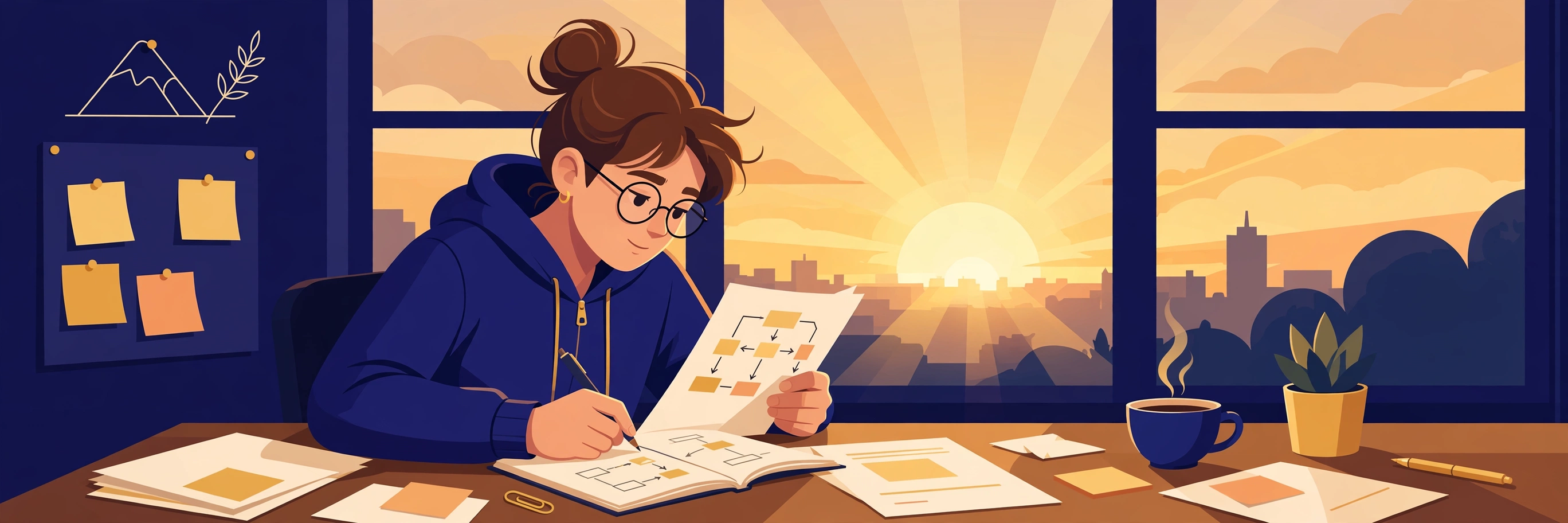 Illustration of a student reviewing their documents at sunrise, preparing a fresh visa application