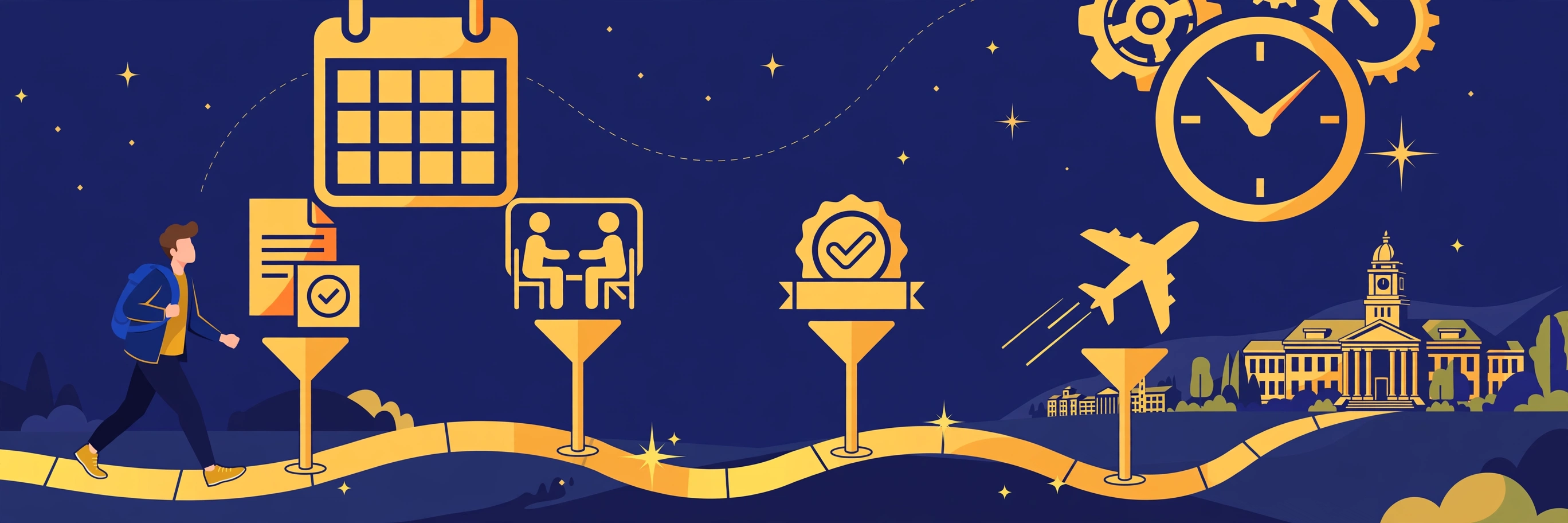 Illustration of a student walking a golden path with milestone markers toward a university