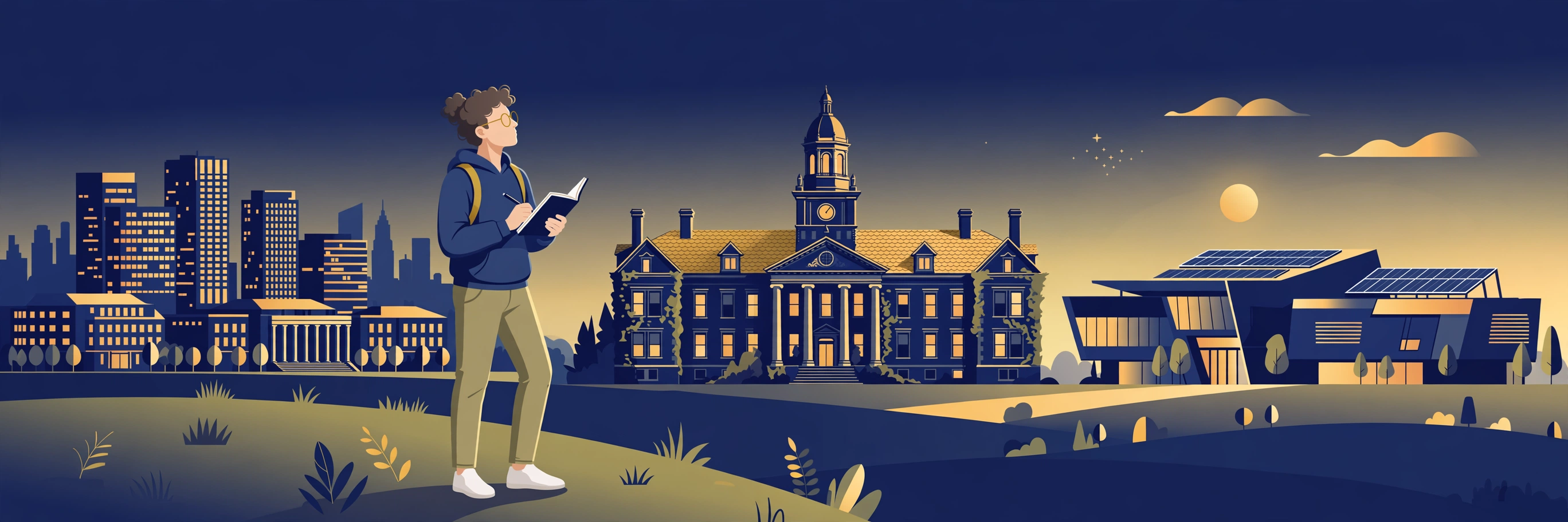 Illustration of a student comparing three different university buildings while choosing the right fit