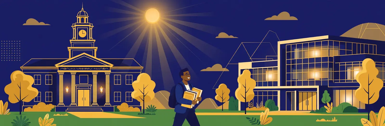 Illustration of a professional carrying books across a university campus, between a classical academic building with a clock tower and a modern research building