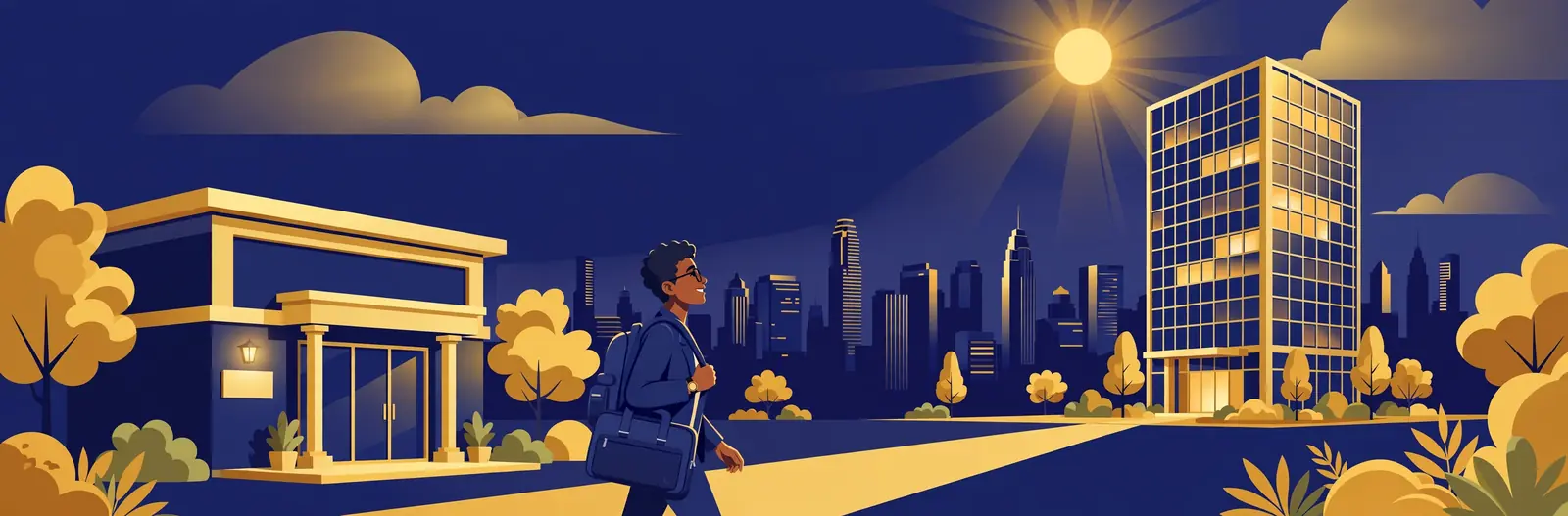 Illustration of a professional with a laptop bag walking from a smaller office building toward a taller new office building in a US city