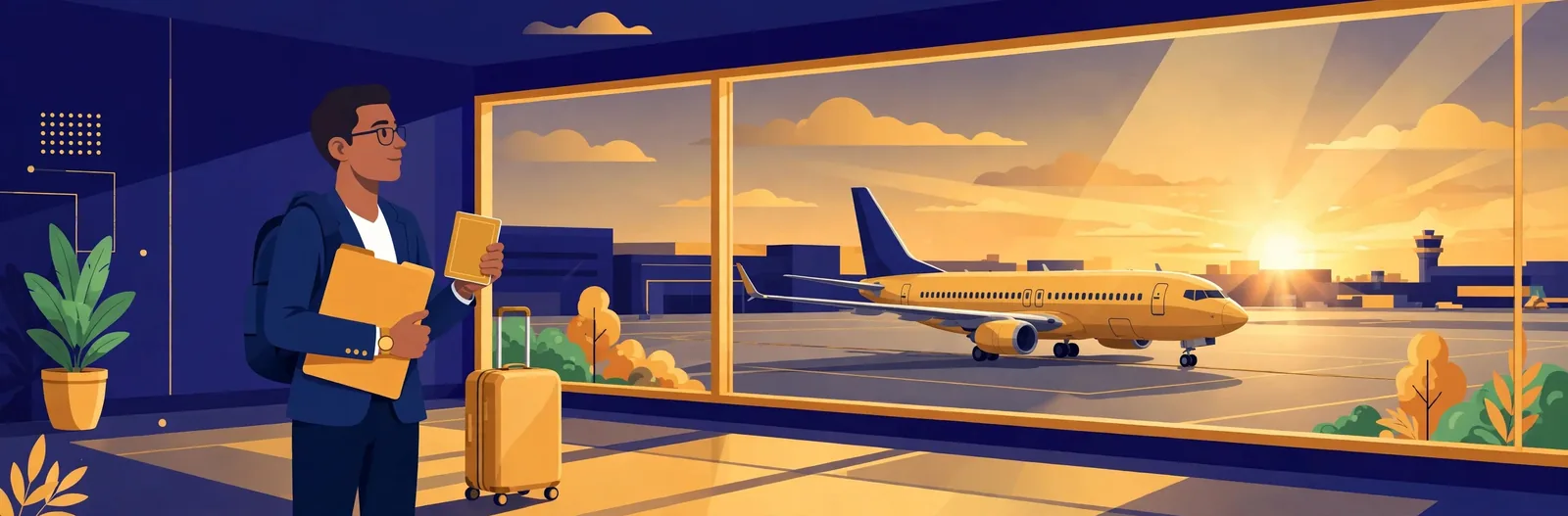 Illustration of a traveller holding a passport and documents folder beside a suitcase at an airport window, looking at a parked aeroplane