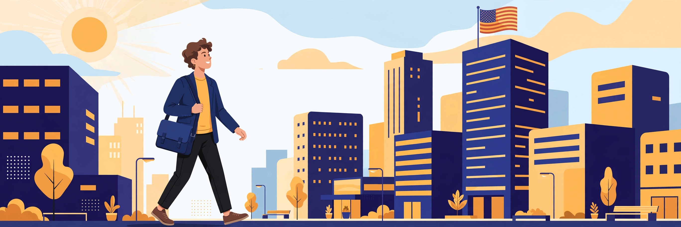 Illustration of a young professional with a laptop bag walking through a US city with office towers and a United States flag