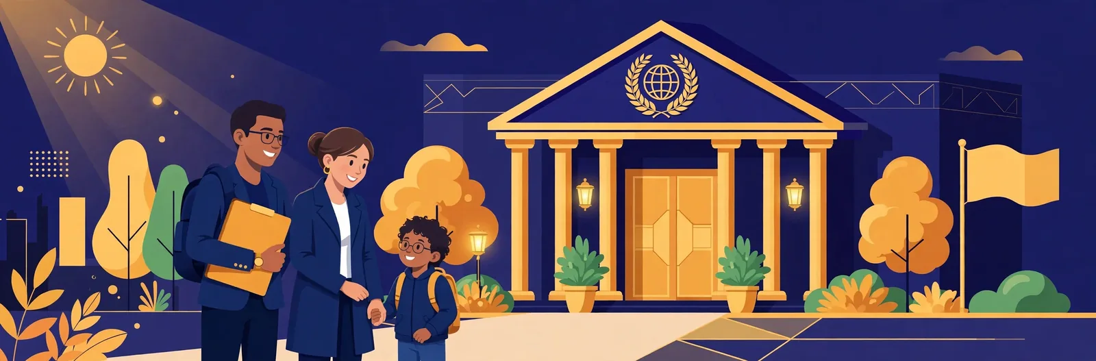Illustration of a couple with a young child, the father holding a documents folder, outside a consulate building with golden columns