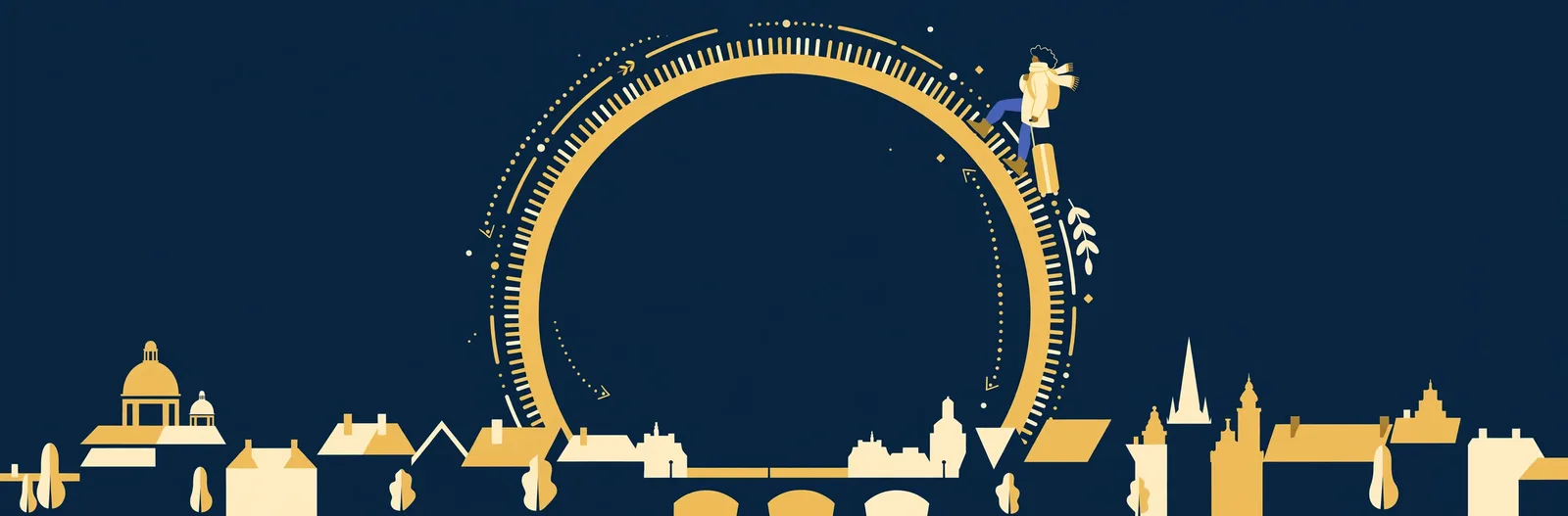 Illustration of a traveller walking along a large golden circular calendar ring above a European skyline