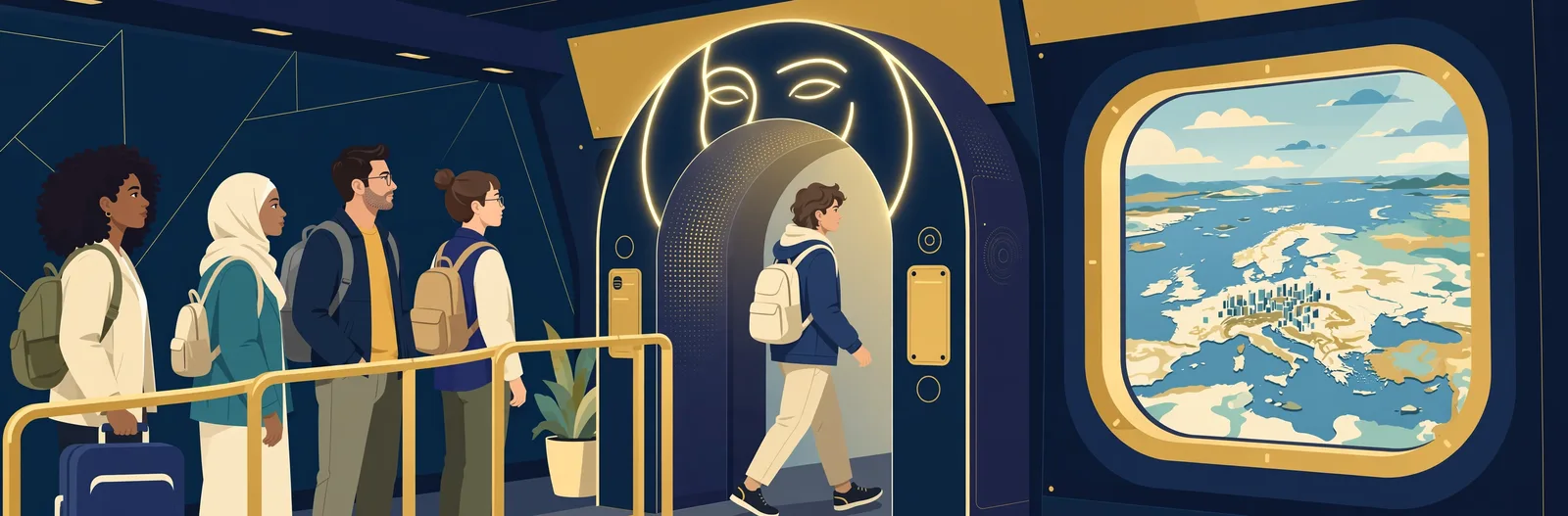 Illustration of a traveller passing through a modern airport scanner arch with a view of Europe beyond