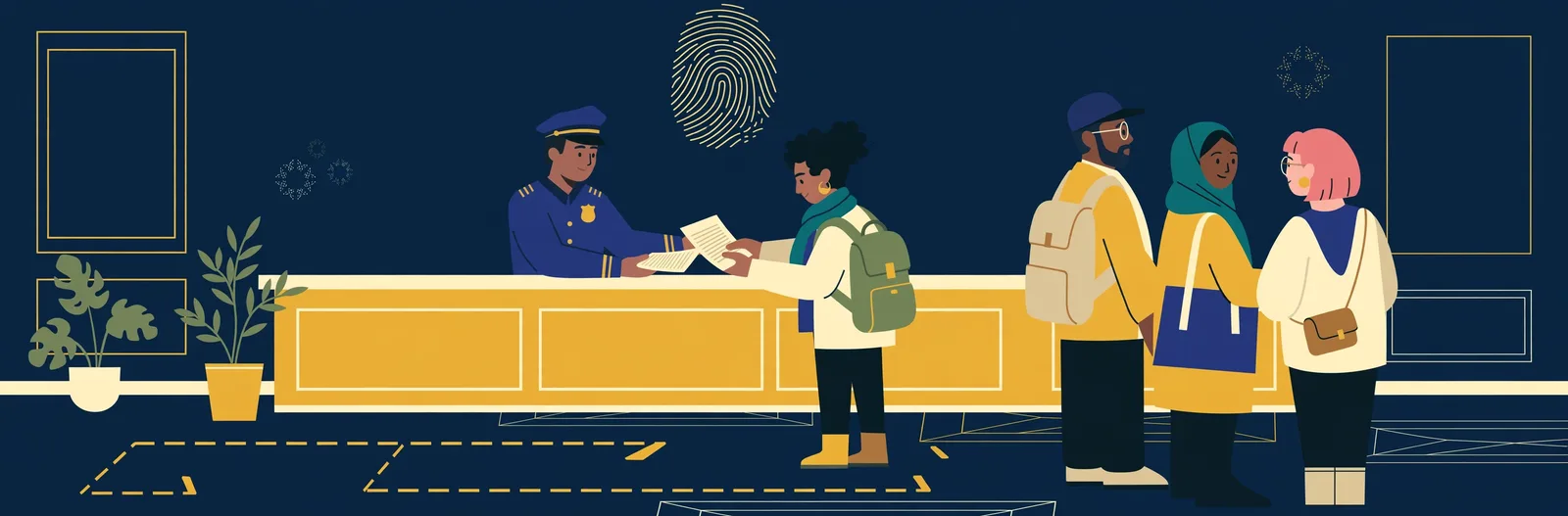 Illustration of a traveller handing documents to an officer at a consulate service counter with a fingerprint motif