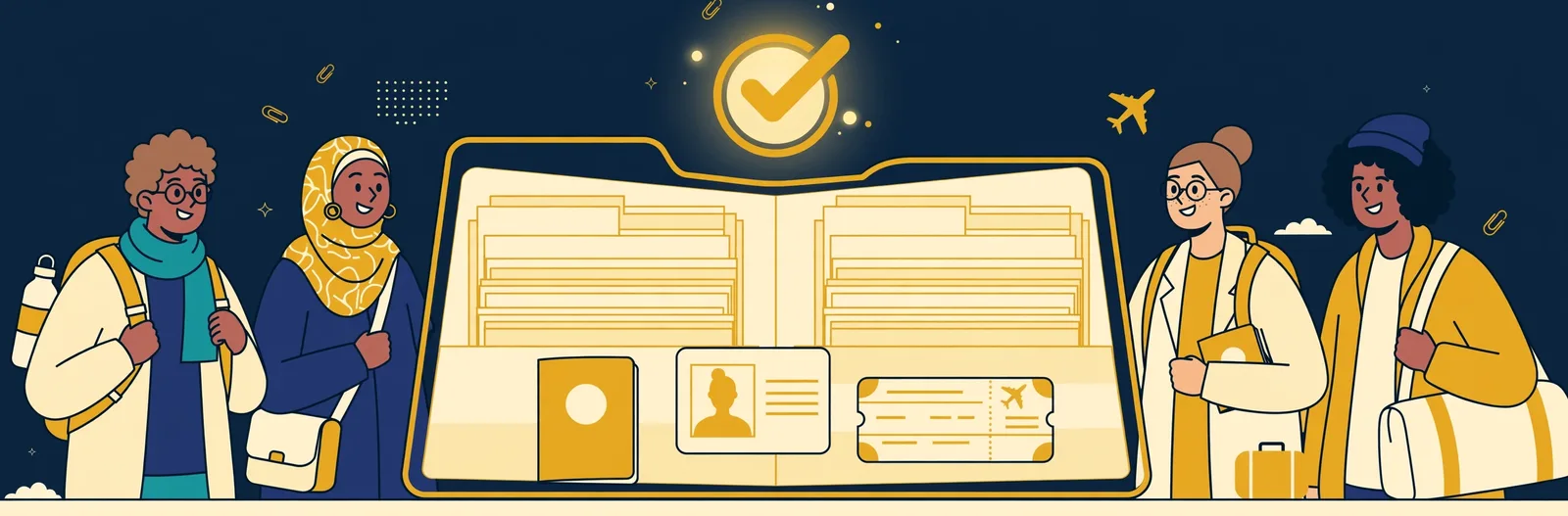Illustration of an open folder with organised document sheets, a passport and a photograph card on a desk