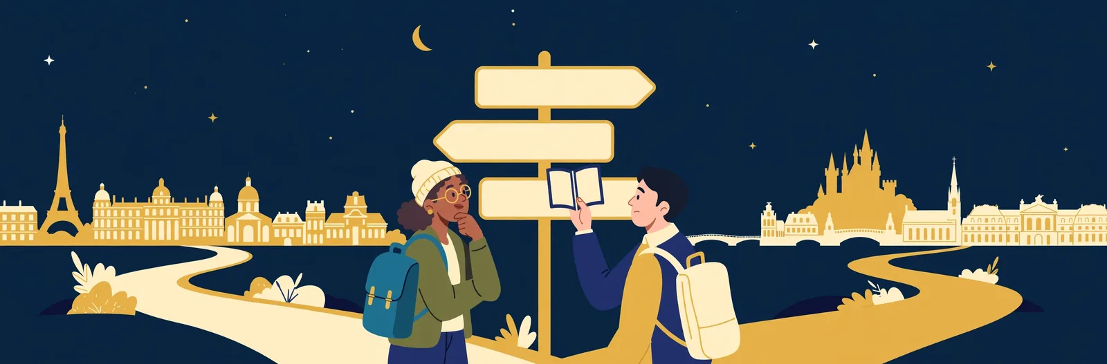 Illustration of two travellers at a crossroads of blank signposts pointing toward different European city skylines