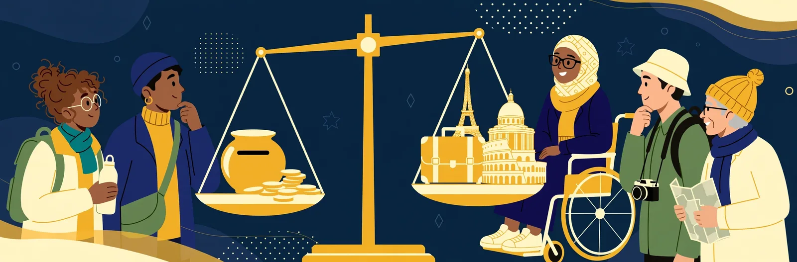 Illustration of a balance scale weighing travel coins and a piggy bank against a suitcase and European landmarks
