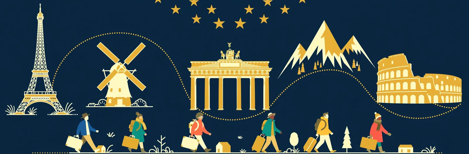 Illustration of travellers before a sweeping row of European landmarks connected by a dotted travel route
