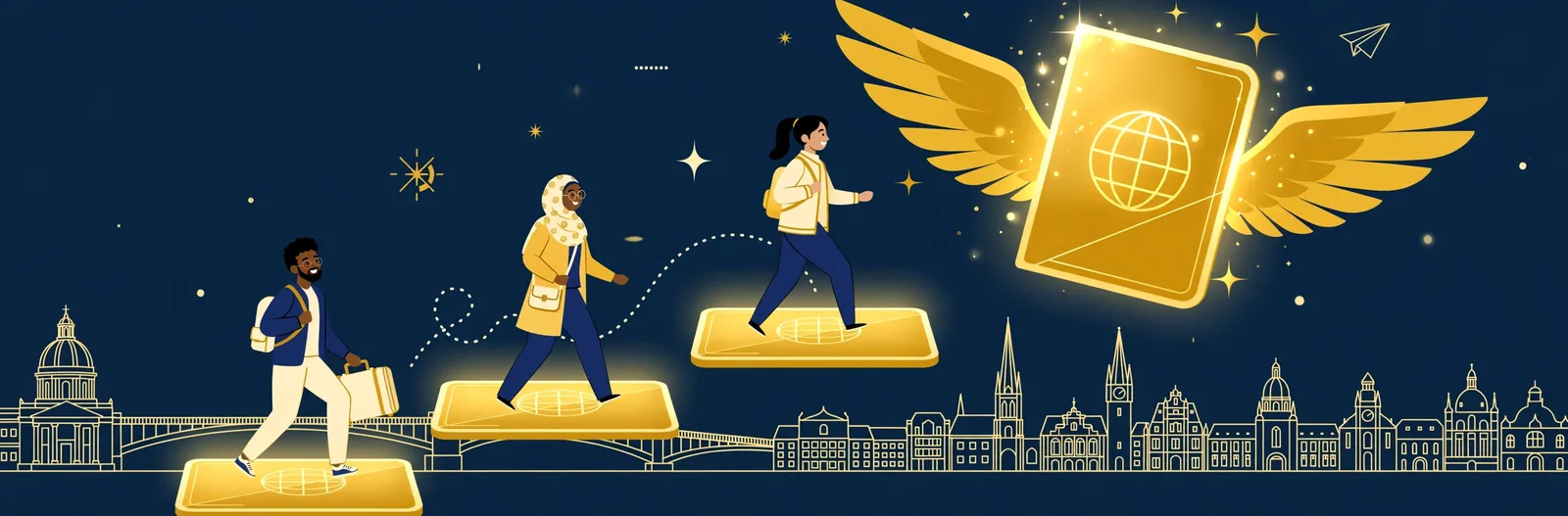 Illustration of a rising staircase of glowing passports ascending toward a large golden passport with wings
