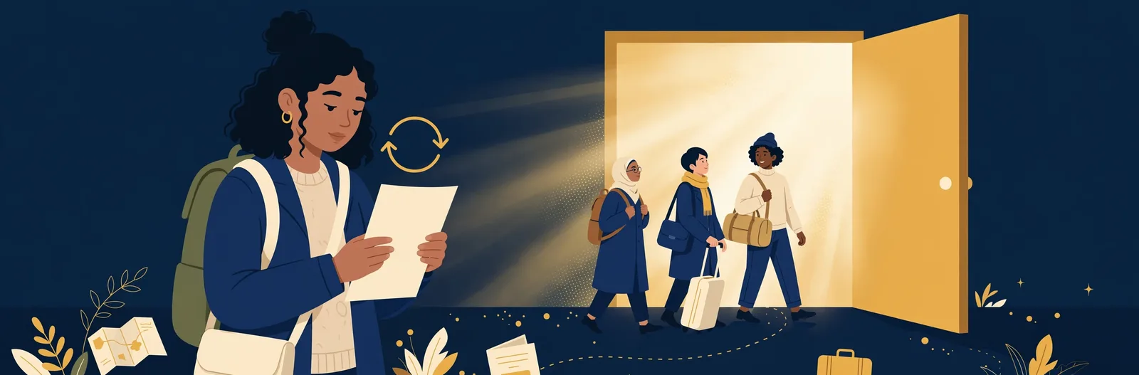 Illustration of a traveller holding a document beneath a golden circular arrow, facing an opening doorway of light