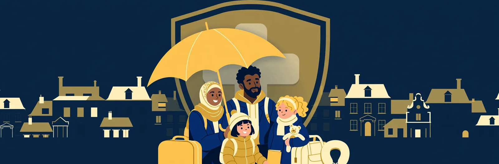 Illustration of a golden umbrella sheltering a travelling family, with a shield and medical cross behind them
